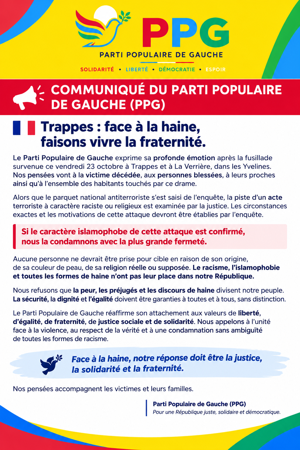 Trappes : face à la haine, faisons vivre la fraternité.